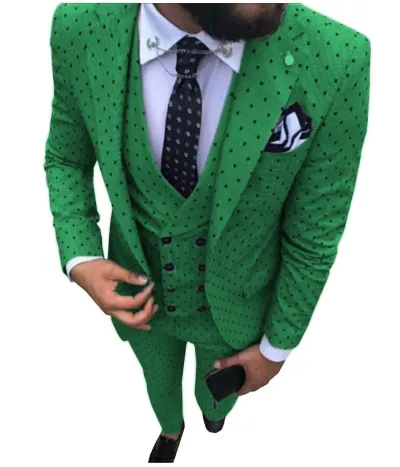 Men'S Fashion Casual Polka Dot Print Vest Coat Pants Suit Three-Piece Set