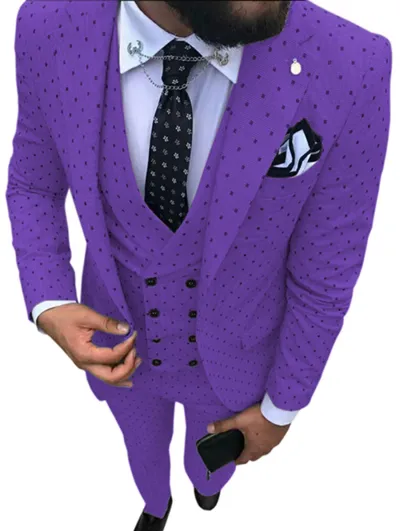 Men'S Fashion Casual Polka Dot Print Vest Coat Pants Suit Three-Piece Set