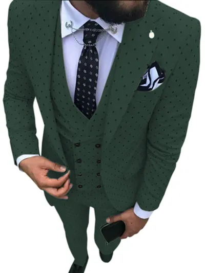 Men'S Fashion Casual Polka Dot Print Vest Coat Pants Suit Three-Piece Set
