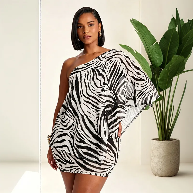 Women Fashion Sexy Summer Mesh Digital Printing Long Sleeve Blouse Tight Dress Set