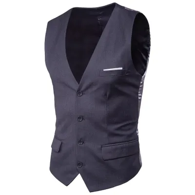 Men'S Fashion Casual Autumn Solid Color Slim Vest V-Neck Single-Breasted Fake Pocket Vest