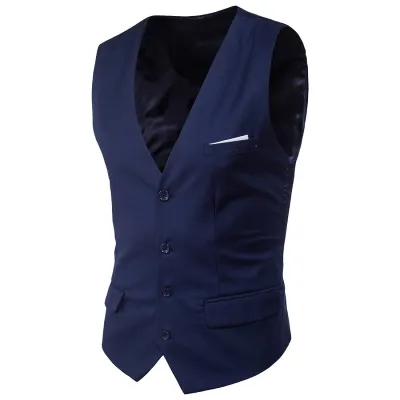 Men'S Fashion Casual Autumn Solid Color Slim Vest V-Neck Single-Breasted Fake Pocket Vest