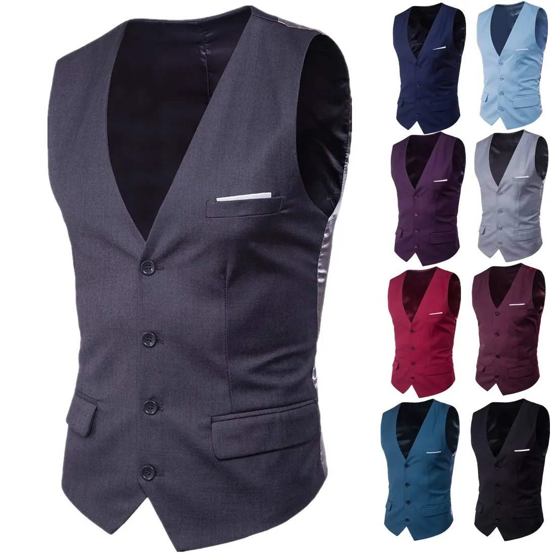 Men'S Fashion Casual Autumn Solid Color Slim Vest V-Neck Single-Breasted Fake Pocket Vest