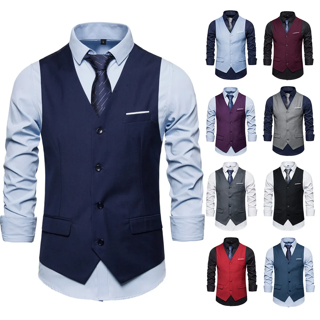 Men'S Business Casual Spring Solid Color Slim-Fit Single-Breasted V-Neck Suit Vest