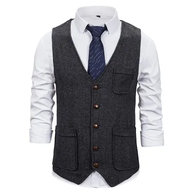 Men'S Fashion Casual Spring And Autumn Herringbone Twin Pocket Single-Breasted Suit Vest