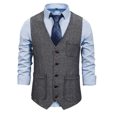 Men'S Fashion Casual Spring And Autumn Herringbone Twin Pocket Single-Breasted Suit Vest