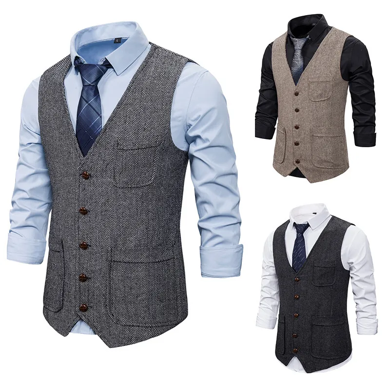 Men'S Fashion Casual Spring And Autumn Herringbone Twin Pocket Single-Breasted Suit Vest