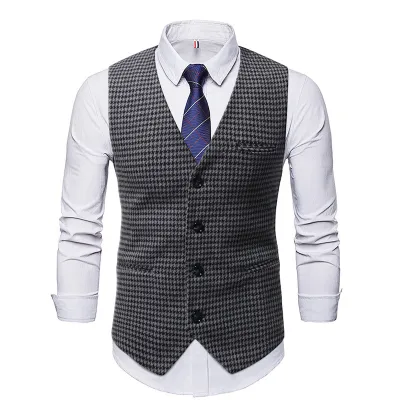 Men'S Fashion Casual Autumn Houndstooth V-Neck Single-Breasted Suit Vest