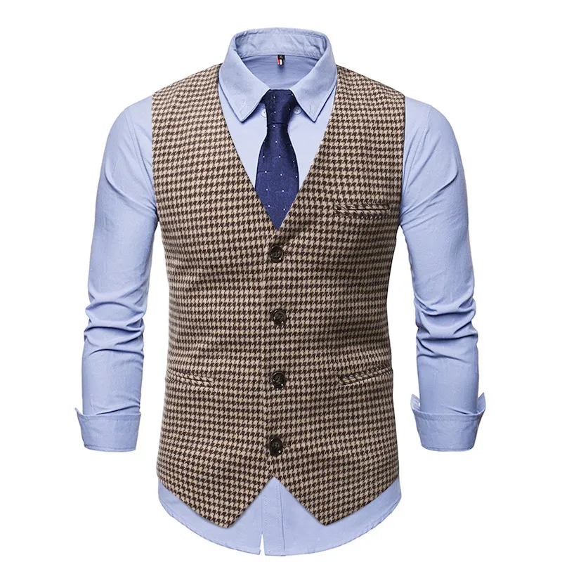 Men'S Fashion Casual Autumn Houndstooth V-Neck Single-Breasted Suit Vest