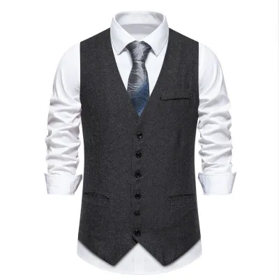 Men'S Fashion Casual Spring Autumn Herringbone Single Breasted Real Pocket V-Neck Suit Vest