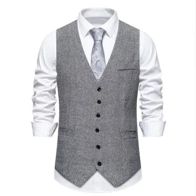 Men'S Fashion Casual Spring Autumn Herringbone Single Breasted Real Pocket V-Neck Suit Vest