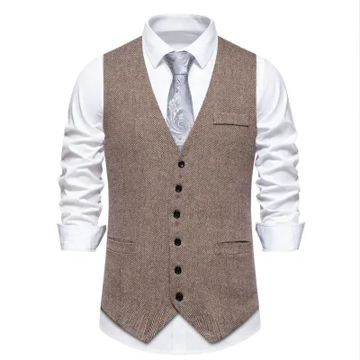 Men'S Fashion Casual Spring Autumn Herringbone Single Breasted Real Pocket V-Neck Suit Vest