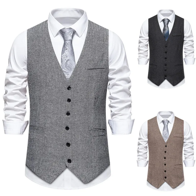 Men'S Fashion Casual Spring Autumn Herringbone Single Breasted Real Pocket V-Neck Suit Vest