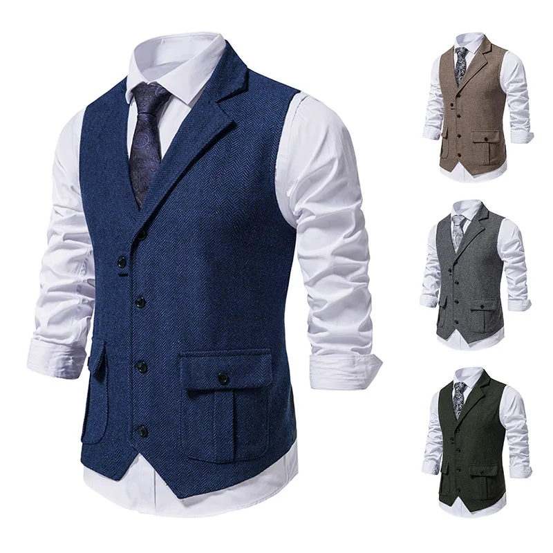 Men'S Fashion Casual Sutumn Herringbone Single-Breasted Lapel Suit Vest