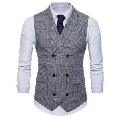 Men'S Fashion Business Spring And Autumn Plaid Double-Breasted Slim-Fit Suit Vest