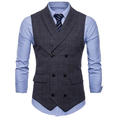 Men'S Fashion Business Spring And Autumn Plaid Double-Breasted Slim-Fit Suit Vest