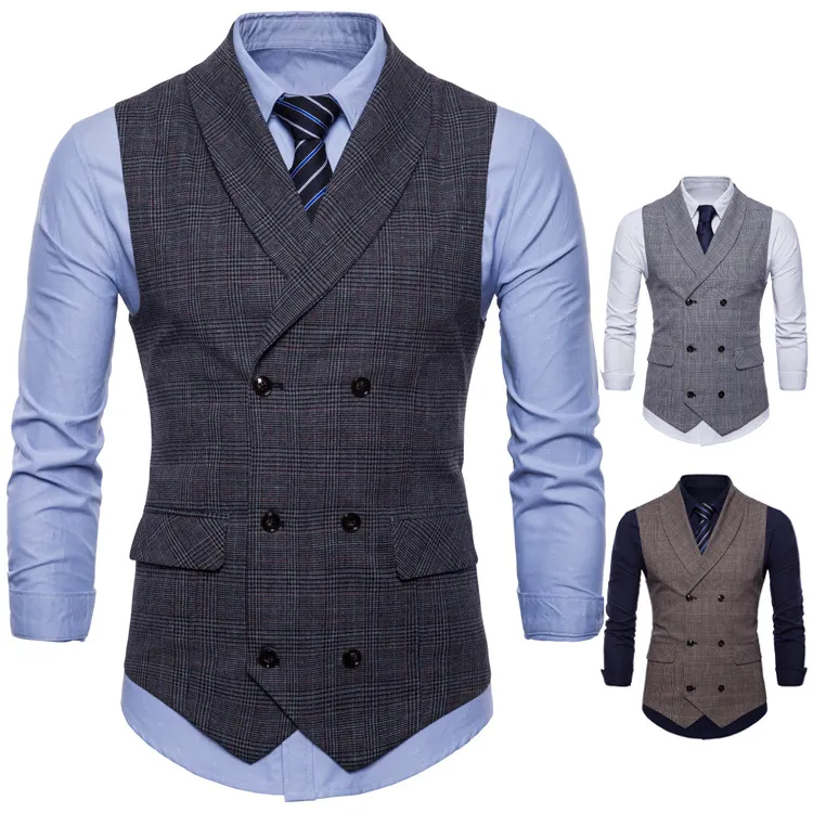 Men'S Fashion Business Spring And Autumn Plaid Double-Breasted Slim-Fit Suit Vest
