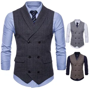 Men'S Fashion Business Spring And Autumn Plaid Double-Breasted Slim-Fit Suit Vest