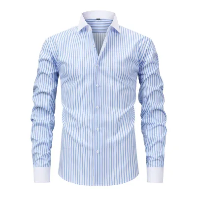 Men'S Fashion Casual Stripe Long Sleeve Stretch Non-Ironing Anti-Wrinkle Dress Shirts