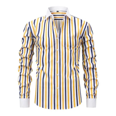 Men'S Fashion Casual Stripe Long Sleeve Stretch Non-Ironing Anti-Wrinkle Dress Shirts