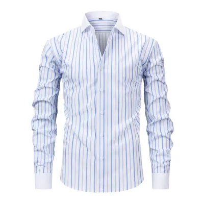 Men'S Fashion Casual Stripe Long Sleeve Stretch Non-Ironing Anti-Wrinkle Dress Shirts