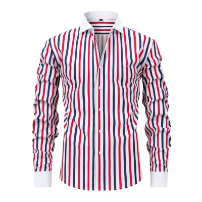 Men'S Fashion Casual Stripe Long Sleeve Stretch Non-Ironing Anti-Wrinkle Dress Shirts