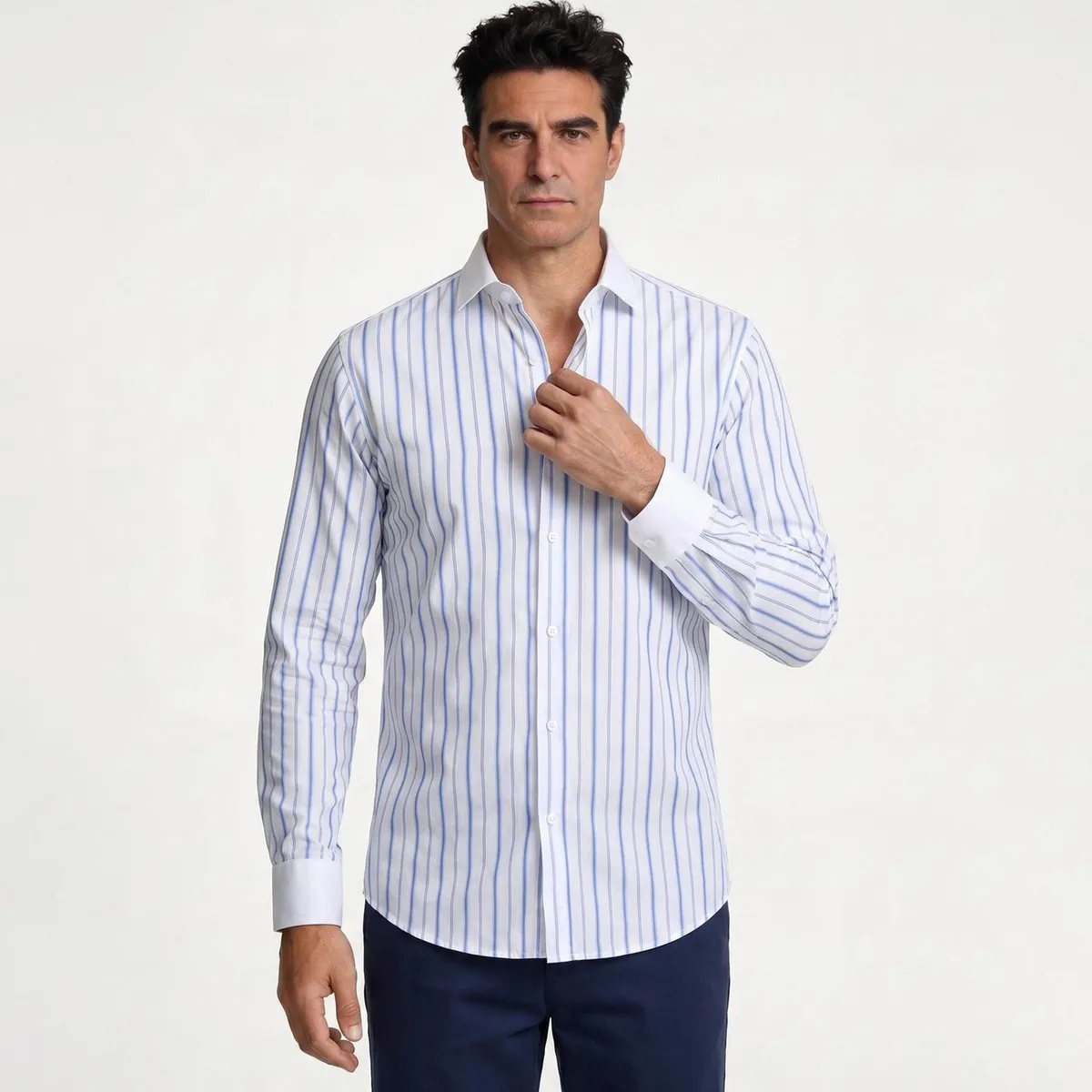 Men'S Fashion Casual Stripe Long Sleeve Stretch Non-Ironing Anti-Wrinkle Dress Shirts