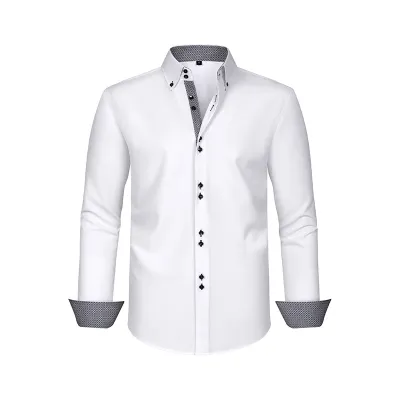 Men'S Fashion Casual Business Solid Color Double-Breasted Non-Ironing Anti-Wrinkle Long-Sleeve Dress Shirts