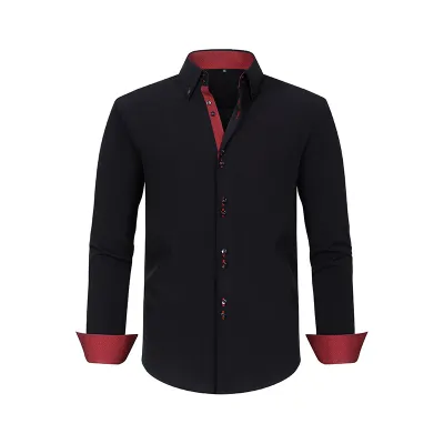 Men'S Fashion Casual Business Solid Color Double-Breasted Non-Ironing Anti-Wrinkle Long-Sleeve Dress Shirts
