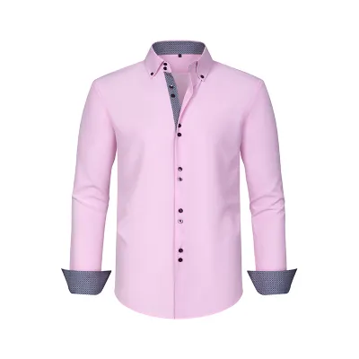 Men'S Fashion Casual Business Solid Color Double-Breasted Non-Ironing Anti-Wrinkle Long-Sleeve Dress Shirts