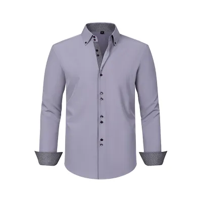 Men'S Fashion Casual Business Solid Color Double-Breasted Non-Ironing Anti-Wrinkle Long-Sleeve Dress Shirts