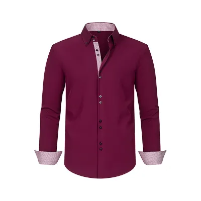 Men'S Fashion Casual Business Solid Color Double-Breasted Non-Ironing Anti-Wrinkle Long-Sleeve Dress Shirts