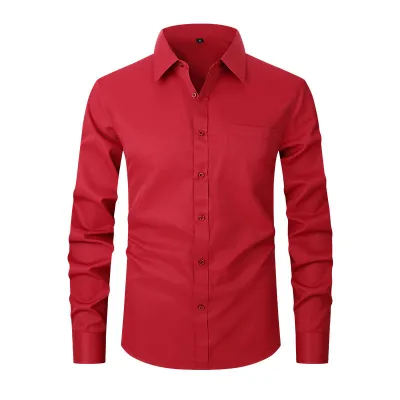 Men'S Fashion Casual Business Solid Color Lapel Long-Sleeve Single Pocket Dress Shirts