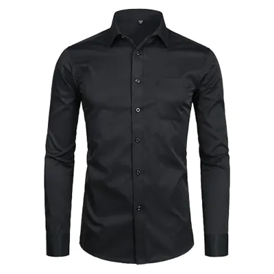 Men'S Fashion Casual Business Solid Color Lapel Long-Sleeve Single Pocket Dress Shirts