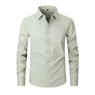 Men'S Fashion Casual Business Solid Color Lapel Long-Sleeve Single Pocket Dress Shirts