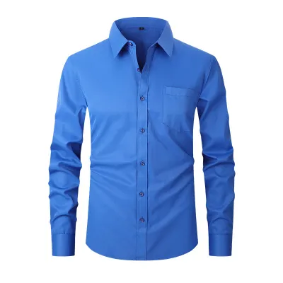 Men'S Fashion Casual Business Solid Color Lapel Long-Sleeve Single Pocket Dress Shirts