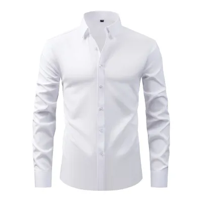Men'S Fashion Casual Business Solid Color Non-Ironing Anti-Wrinkle Lapel Long-Sleeve Dress Shirts