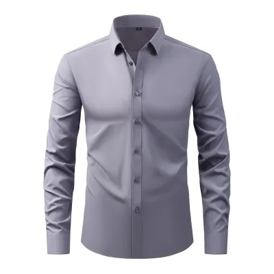 Men'S Fashion Casual Business Solid Color Non-Ironing Anti-Wrinkle Lapel Long-Sleeve Dress Shirts