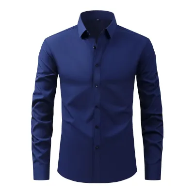 Men'S Fashion Casual Business Solid Color Non-Ironing Anti-Wrinkle Lapel Long-Sleeve Dress Shirts