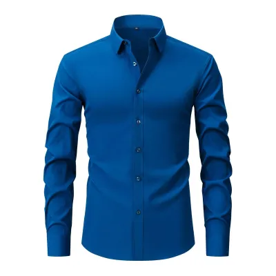 Men'S Fashion Casual Business Solid Color Non-Ironing Anti-Wrinkle Lapel Long-Sleeve Dress Shirts