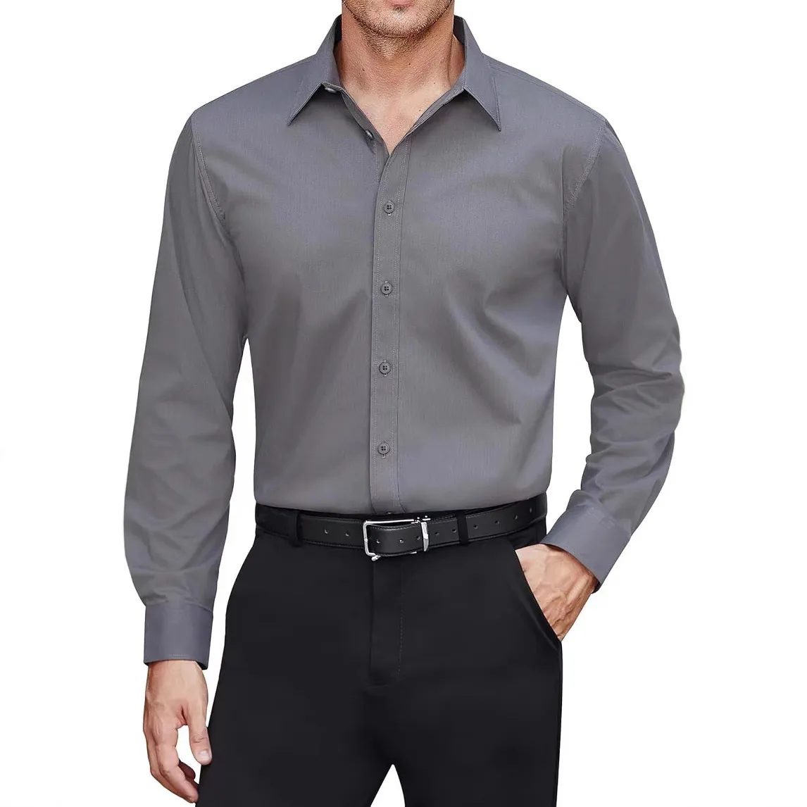 Men'S Business Casual Solid Color Long-Sleeve Non-Iron Dress Shirts