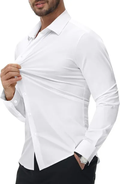 Men'S Fashion Casual Traceless Stretch Non-Ironing Slim-Fit Dress Shirts