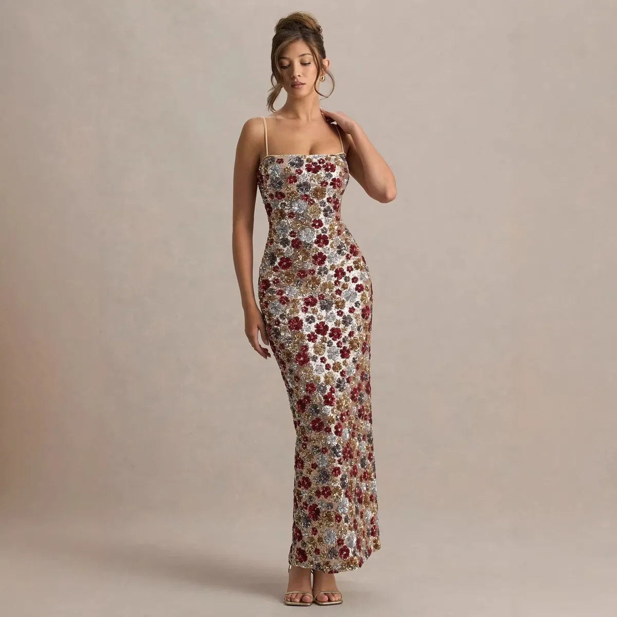 Women Fashion Sexy Flower Sequin Spaghetti Strap Split Party Dress