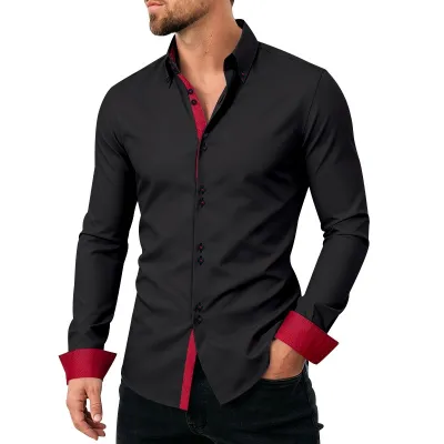 Men'S Fashion Casual Business Color Contrast Stretch Breathable Double Buckle Long Sleeve Dress Shirts
