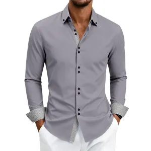 Men'S Fashion Casual Business Color Contrast Stretch Breathable Double Buckle Long Sleeve Dress Shirts