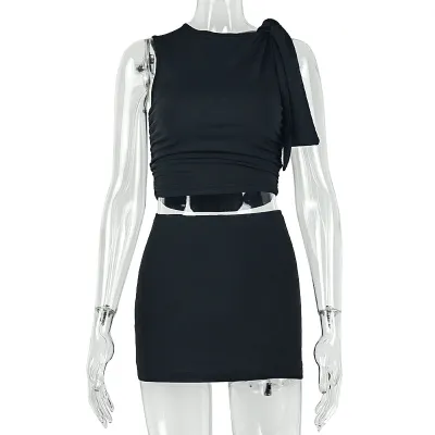 Women Sexy Solid Color Sleeveless Top And Skirt Two-Piece Set