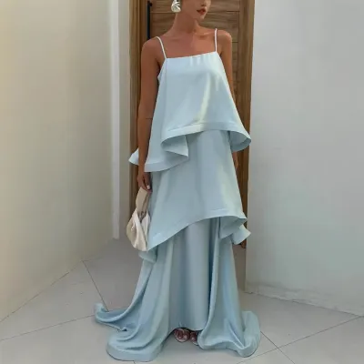 Women Fashion Sexy Spring And Summer Solid Color Satin Spaghetti Strap Multi-Layer Loose Party Dress