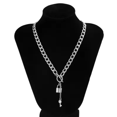 Women Fashion Punk Thick Chain Lock Key Pendant Necklace