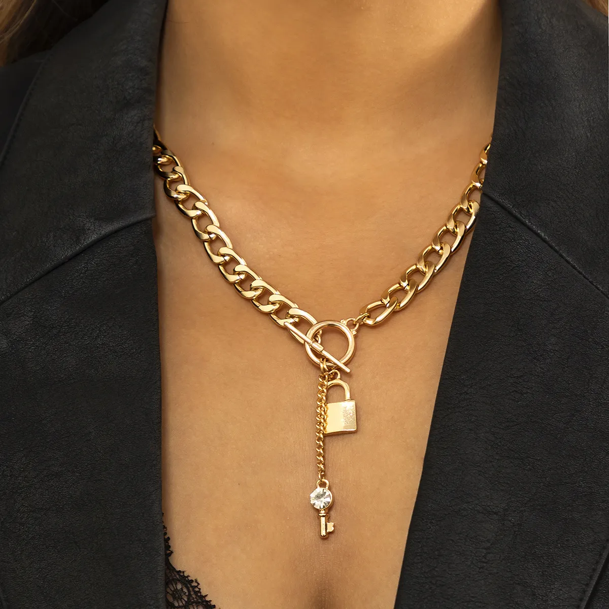 Women Fashion Punk Thick Chain Lock Key Pendant Necklace