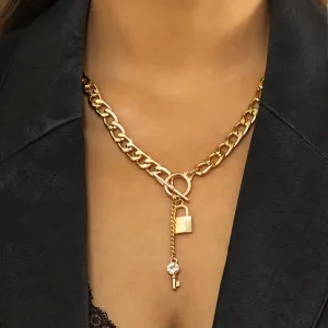 Women Fashion Punk Thick Chain Lock Key Pendant Necklace